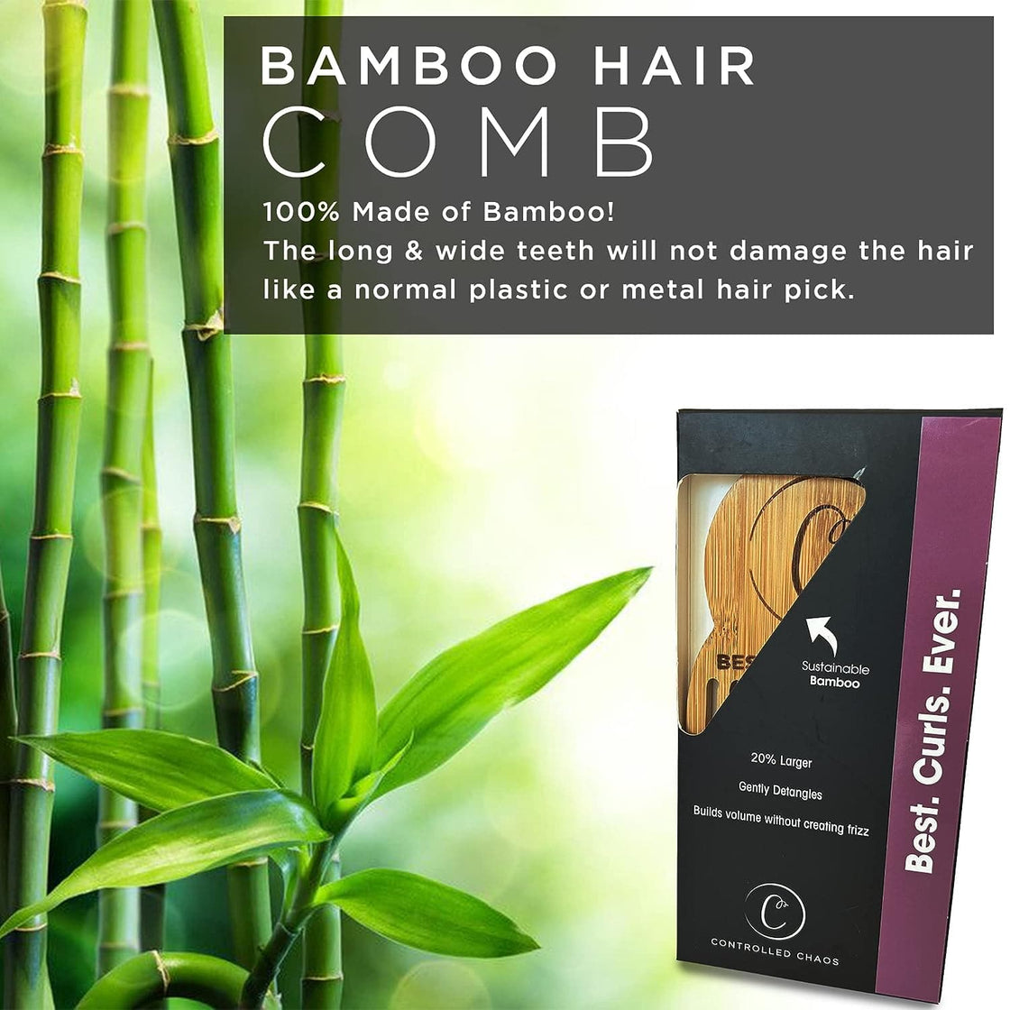 Anti-Static Bamboo Hair Pick - Detangler & Styling Comb